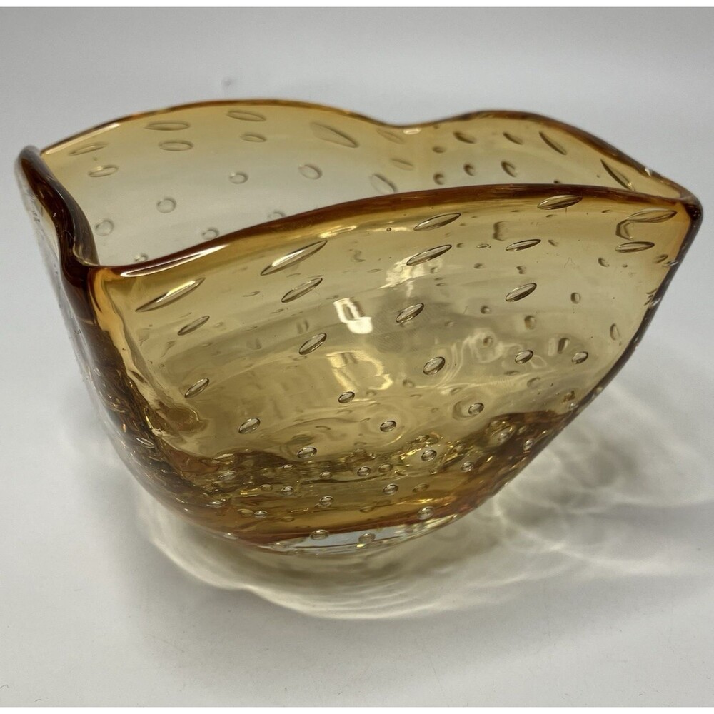 Vtg Bullicante Controlled Bubble Art Glass Small Square Bowl Marigold Amber MCM